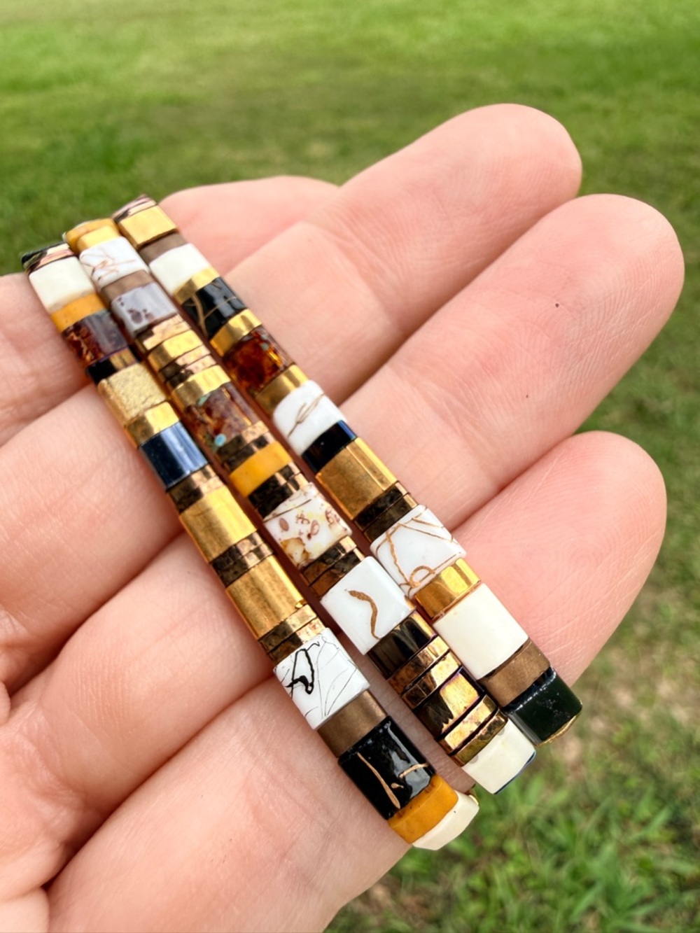 Handmade Gold & Neutral Stone Bead Stretch Bracelet - Women Jewelry